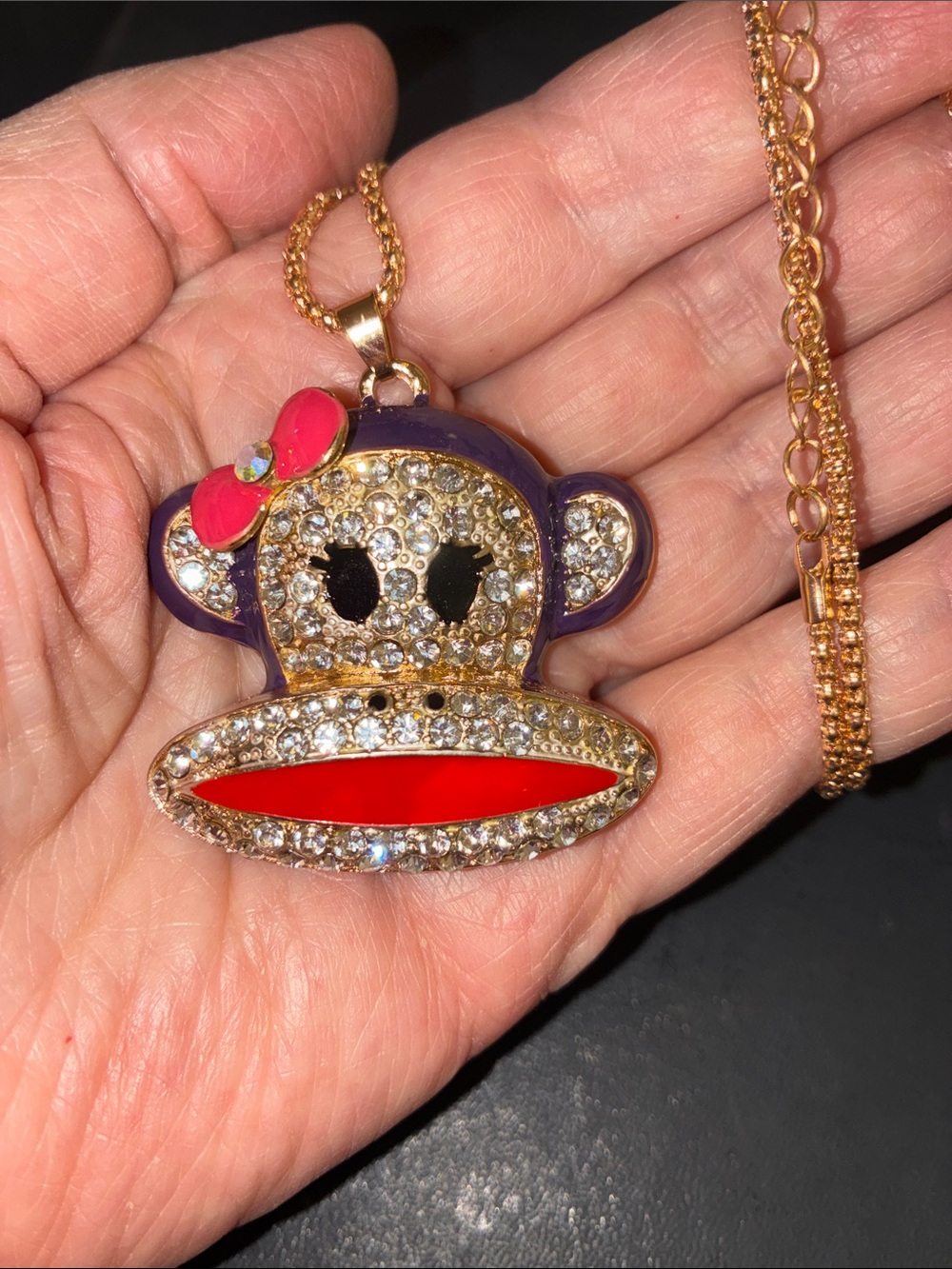 Monkey Pendant Necklace - Enamel Purple, Red & Pink Accents